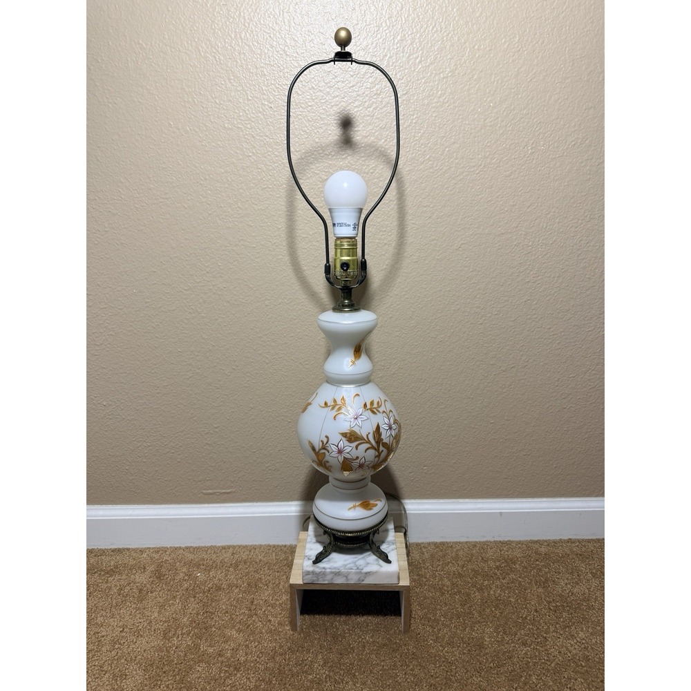 Vtg White Satin Lamp Made in Western Germany, Poseidon Fish Base On Marble 29"